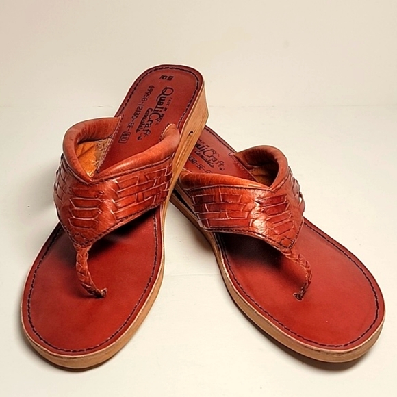 Vintage QualiCraft Brown Leather Wooden Flip Flop Thong Sandals Brazil 10 - Picture 11 of 13